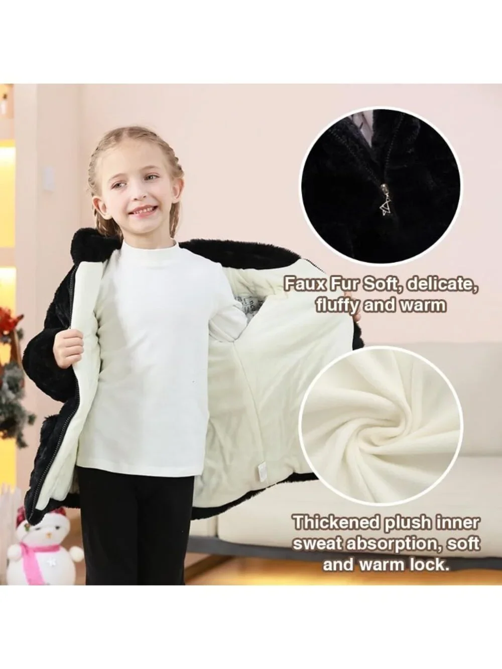 Kids Girls Black Polyester Winter Warm Outwear Ear Hooded Faux Fur Thicken Fleec